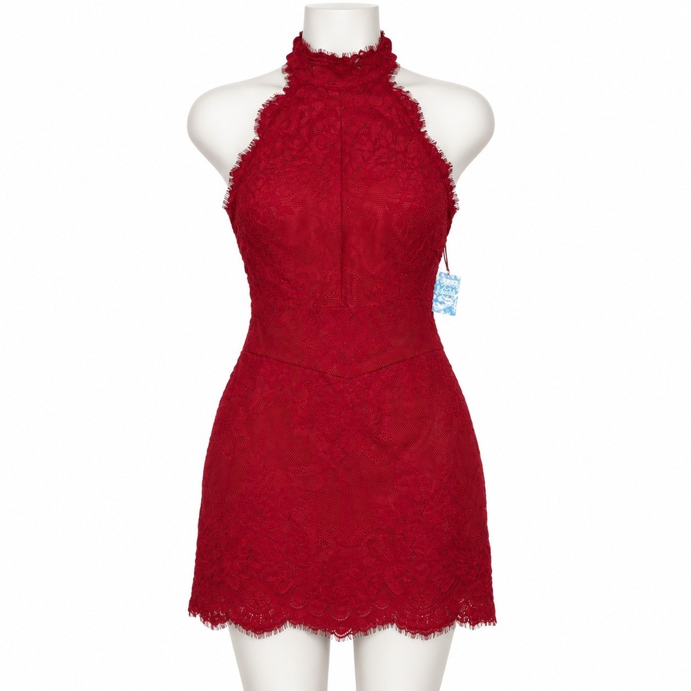 Free People Harper Lace Mini Dress Women's Large Red Halter NWT Romantic Party